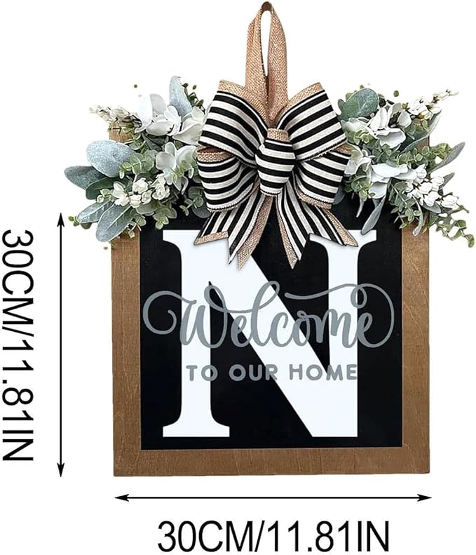 Last Name Year Round Front Door Wreath Front Porch Decoration 26 Letter Welcome Sign with Eucalyptus Garland and Bow Spring Wreaths for Front Door Outside Hanger Garland (N)