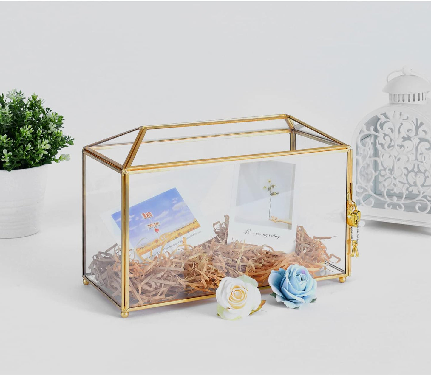 Glass Wedding Card Box with Lock, 12.6x5.9x9 inches Large Gold Card Boxes for Wedding Reception, Keepsake Display, Graduation, Party Centerpiece Decorative Box