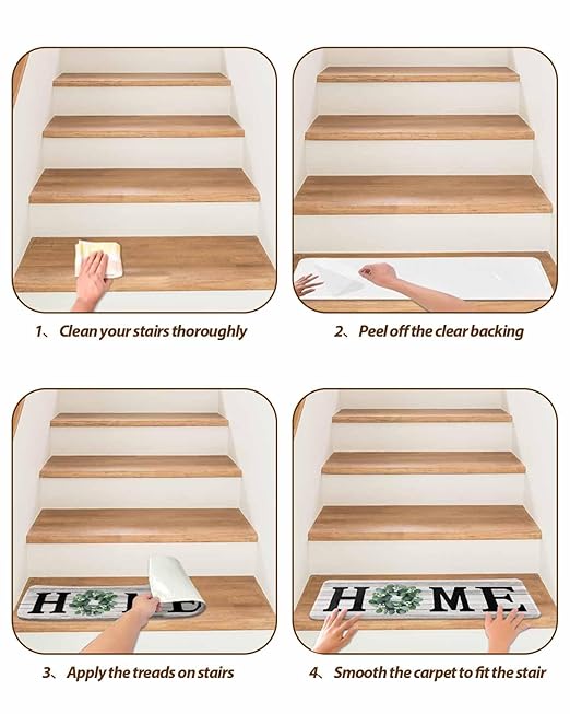 Stair Treads Non Slip Carpet,Home Green Eucalyptus Wreath Indoor Step Treads for Wooden Steps,Farm Vintage Wood Board Reusable Adhesive Stair Runner for Elders Dogs,15 Pack 8"x30"