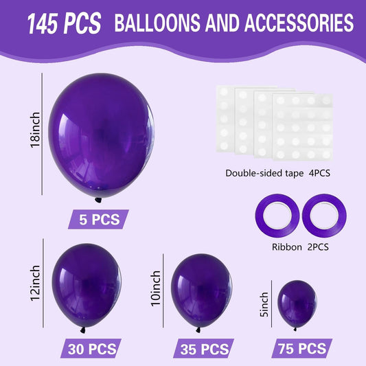 Dark Purple Balloons 145pcs Different Sizes 5in 10in 12in 18in Purple Round Latex Balloon Arch Kit Garland for Graduation Wedding Baby Shower Birthday Party Decoration