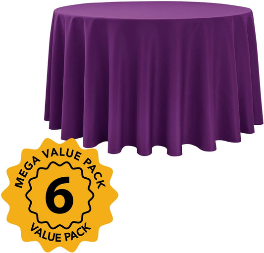 6-Pack Purple Round Tablecloths, 120 Inches, Stain-Resistant Polyester for 5-6 Ft Round Tables - Washable Table Covers for Weddings, Banquets, Birthday Parties, Events
