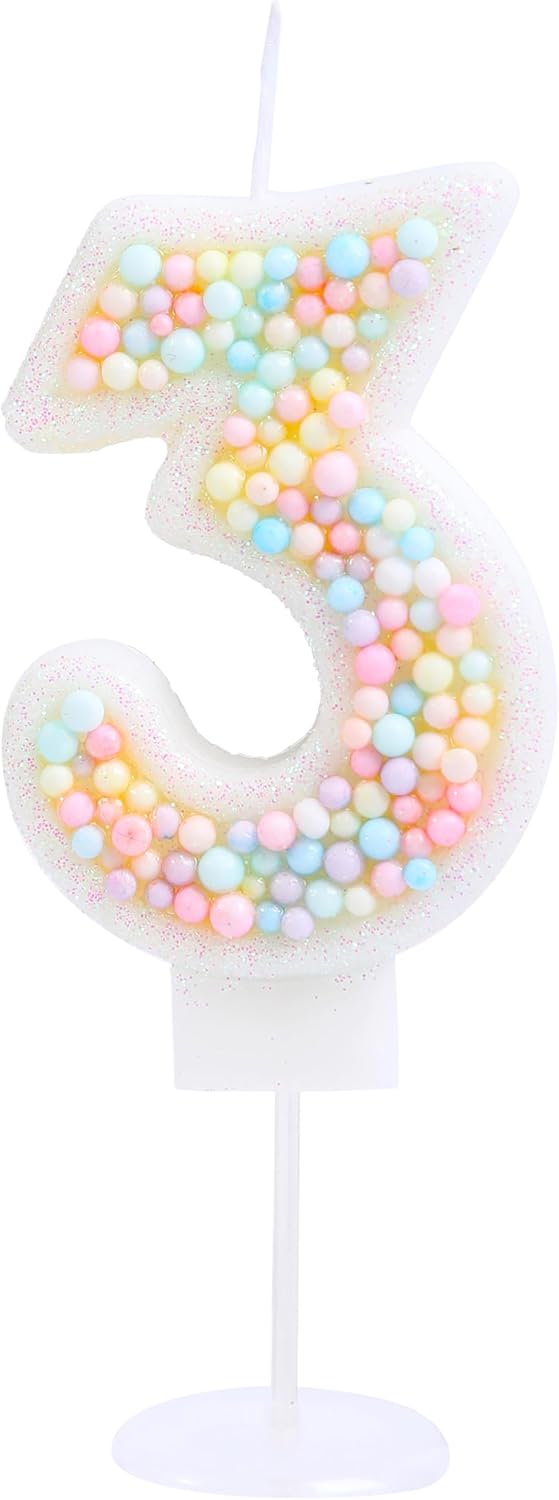 Number 3 Candles for Birthday Cakes, Sweet Theme Pastel 3 Birthday Candle Macaron Glitter 3 Candle Birthday Girl Women 3rd Birthday Wedding Anniversary Party Cake Decoration