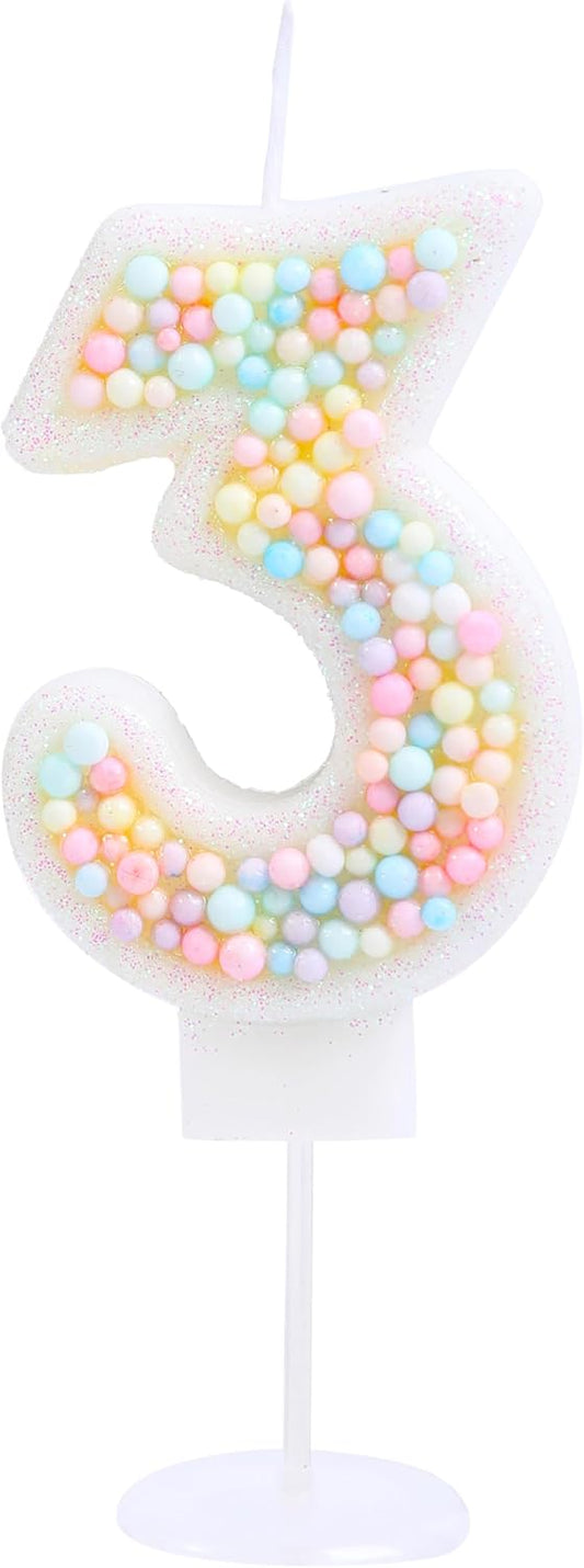 Number 3 Candles for Birthday Cakes, Sweet Theme Pastel 3 Birthday Candle Macaron Glitter 3 Candle Birthday Girl Women 3rd Birthday Wedding Anniversary Party Cake Decoration