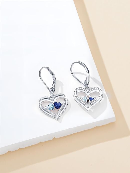 Valentines Day Gifts for Women, Heart Leverback Earrings Double Birthstone Dangle Earrings for Women, Love Jewelry for Her, Anniversary Birthday Gift for Mom Wife Girlfriend