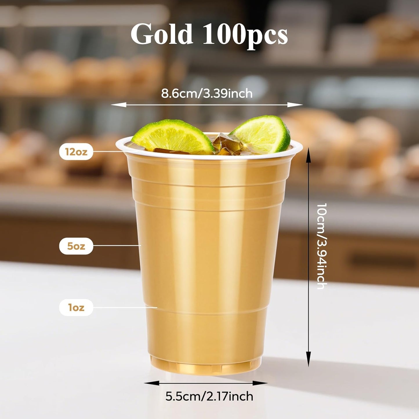 100PCS Gold Plastic Cups, 12oz Disposable Party Cups Bulk Pack, BPA Free Drinking Cups for Soda Juice Beer Cold Drinks Suitable for Wedding Halloween Thanksgiving Christmas Birthday Celebrations