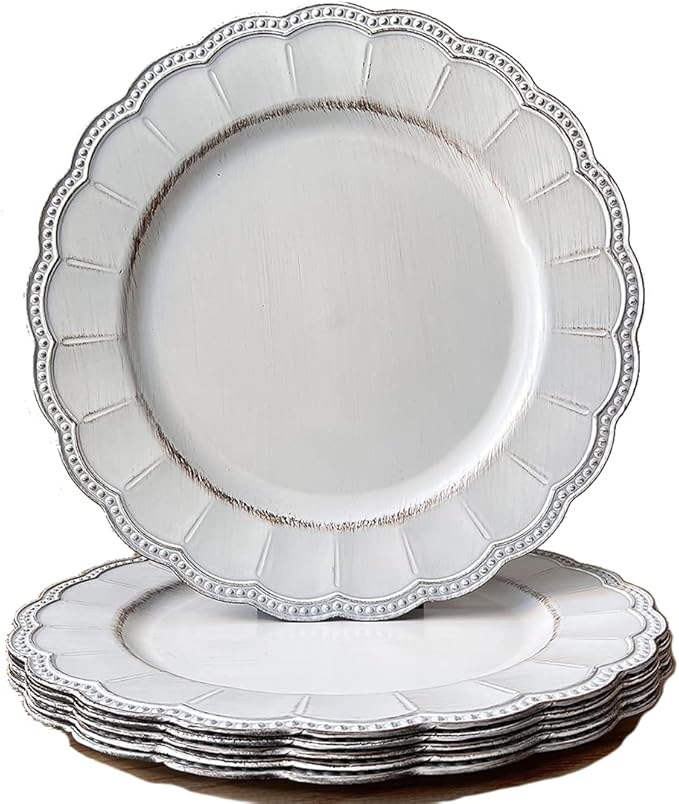 White Antique Charger Plates,13 Inch Metallic Chargers for Dinner Plates, Bead Rim Plastic Chargers For Dining, Wedding, Party,Shower. 6 Pack Decorative Holiday Tabletop Decor