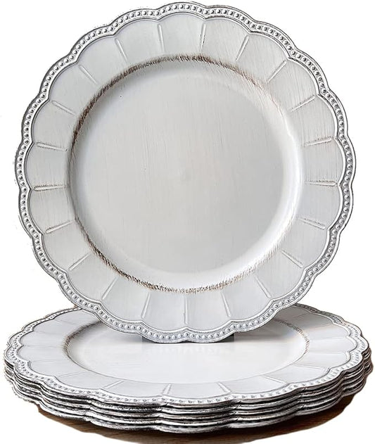 White Antique Charger Plates,13 Inch Metallic Chargers for Dinner Plates, Bead Rim Plastic Chargers For Dining, Wedding, Party,Shower. 6 Pack Decorative Holiday Tabletop Decor