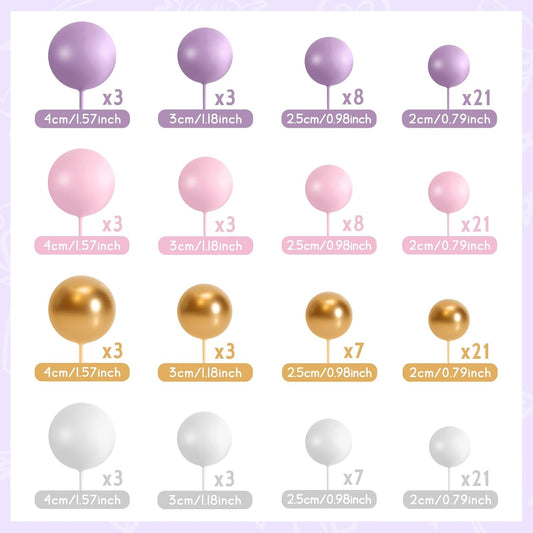 138 Pcs Balls Cake Topper Decorations Balloon Cupcake Toppers Foam Multisize Cake Topper Balls for Birthday Party Wedding Anniversary(Pink,Purple,White,Gold)