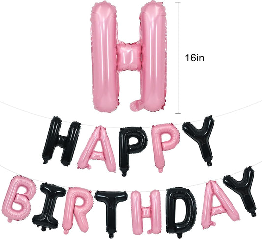 TONIFUL Happy Birthday Balloons Banner 16 Inch Mylar Foil Letters Birthday Sign Reusable for Girls Boys Kids & Adults Birthday Party Decorations Supplies（Black Pink）