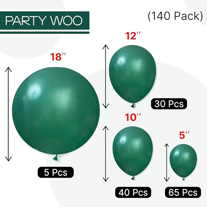 PartyWoo Pearl Dark Green Balloons 140pcs Different Sizes Pack of 18 12 10 5 Inch Pearl Emerald Hunter Forest Green Balloon Arch Kit for Jungle Dinosaur Theme Birthday Party Decorations Green-Z01