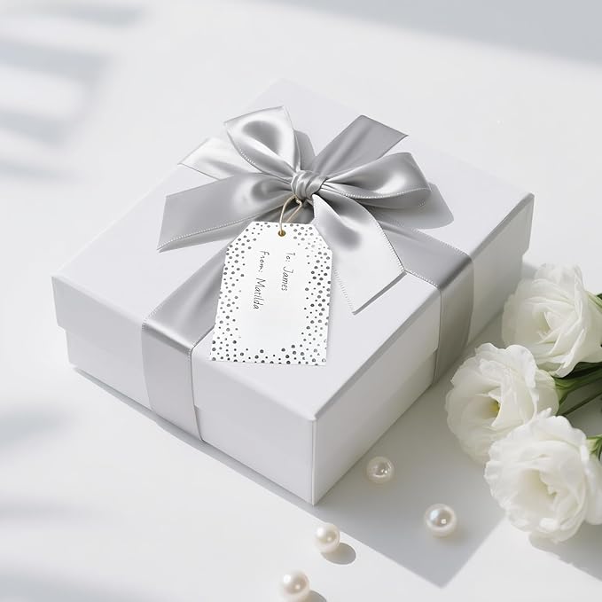 Anwyll Gift Tags with String - 50Pcs Silver Foil Name Gift Tags Confetti Polka Dot to from Gift Bag Tag Personalized Hang Paper Label Tag for Baby Shower Birthday Party Wedding Christmas Favors