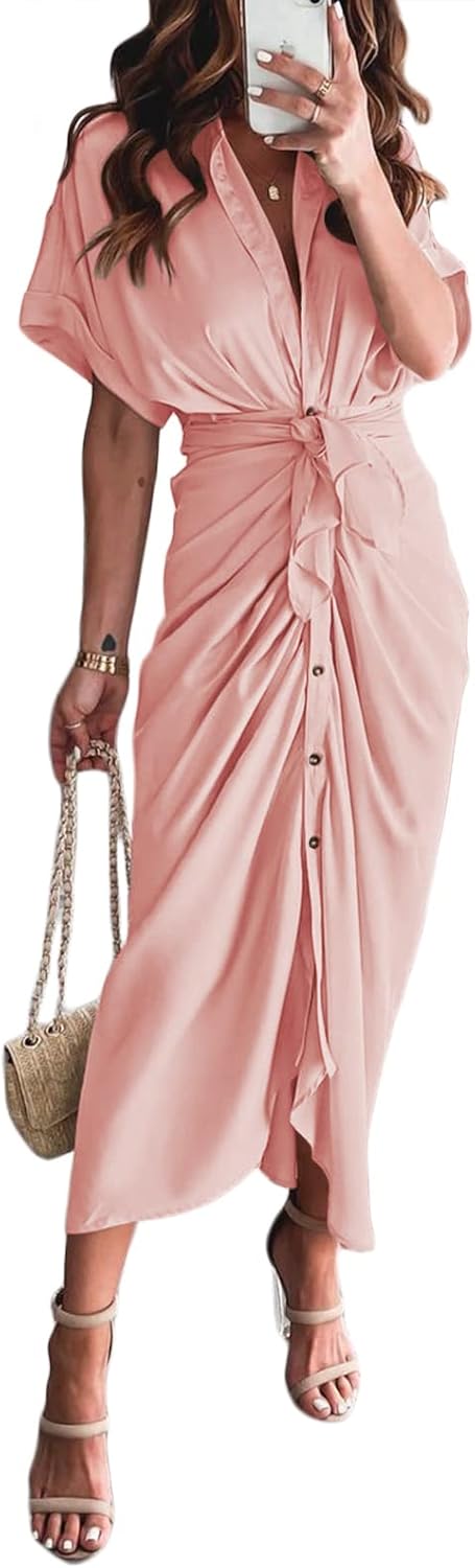 Women Elegant Satin Button Down Short Sleeve Maxi Shirt Dress with Belt