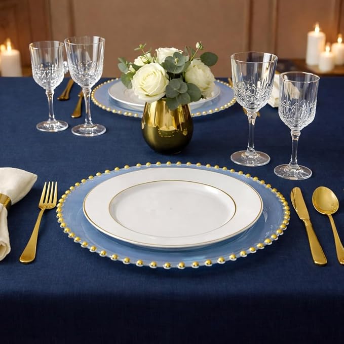 PLASTICPRO Translucent Blue with Gold Rim Plastic Charger Plates with Beaded Edge – Pack of 4 – 13" Elegant Round Disposable Chargers for Weddings, Events, Parties, and Dinners