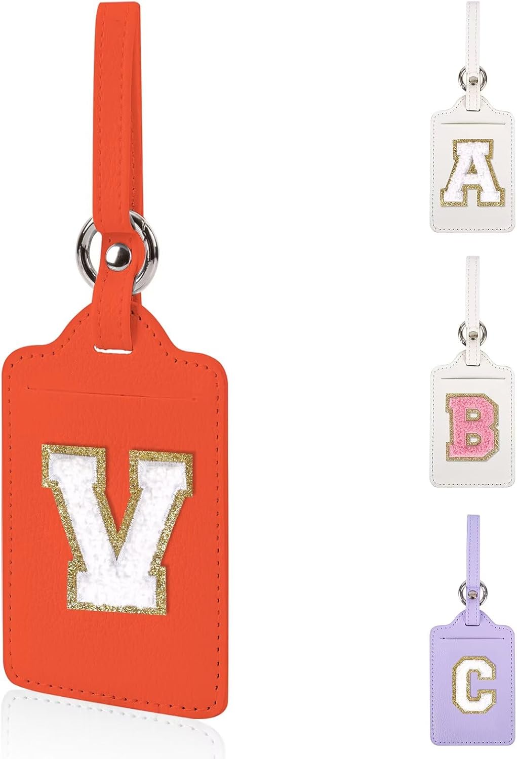 Personalized Initial Luggage Tags for Suitcases, Leather Chenille Letter Cute Luggage Tags with Privacy Name Card, Embroidered Travel Bag Backpack Tags Gifts for Women Kids Girls Teens(Orange-V)