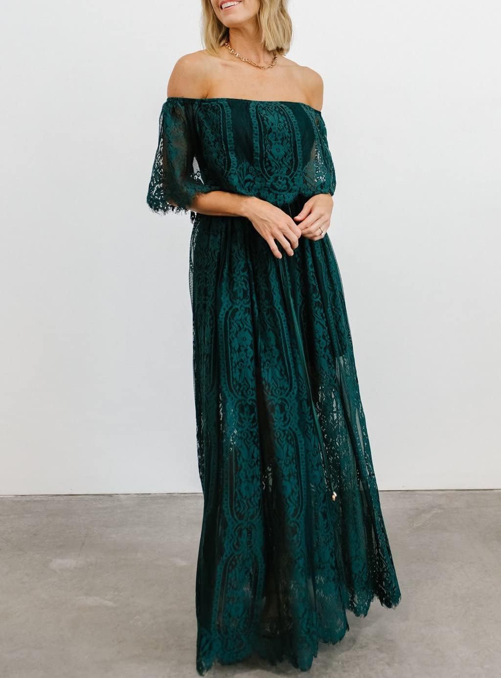 HOYISHION Women's Off The Shoulder Floral Lace Maxi Dress White Bridesmaid Wedding Party Maternity Photoshoot Long Dresses