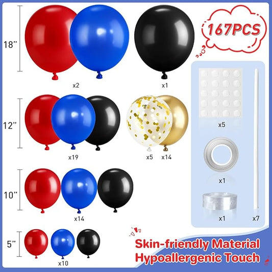 Red Black Blue Gold Balloons Garland Arch Kit, 167Pcs Latex Balloons Different Sizes 18 12 10 5 inch for Graduation Birthday Baby Shower Spider Theme Party Decorations