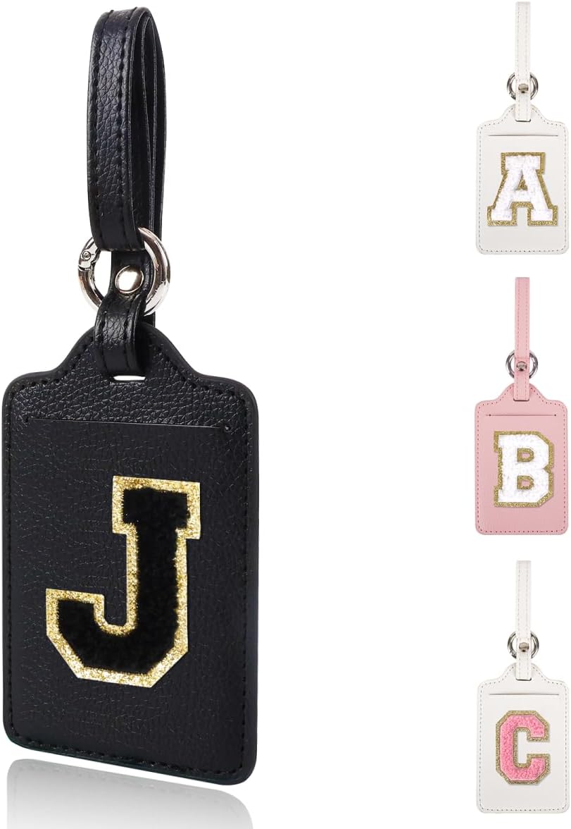 Personalized Initial Luggage Tags for Suitcases, Leather Chenille Letter Cute Luggage Tags with Privacy Name Card, Embroidered Travel Bag Backpack Tags Gifts for Women Kids Girls Teens(Black-J)