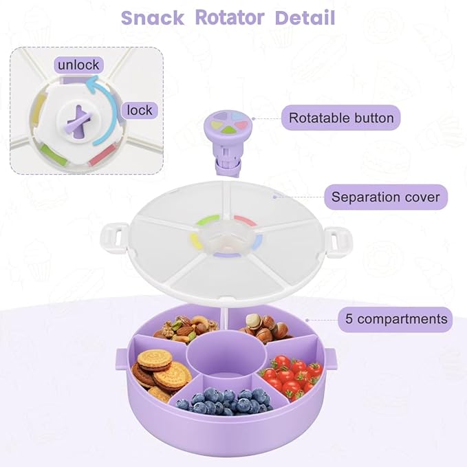 Snack Rotator Container Reusable Snack Box with 5 Compartment Dispenser and Lid, Color Matching Opening Lid, BPA and PVC Free, for Home, School, Travel (1 Pack- Purple)