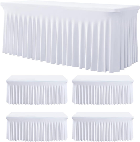 5Pack Spandex White Tablecloth for 6 Foot Rectangle Tables, Wrinkle Free Stretch Table Cloths 6ft Fitted Table Cover Desk Skirt for Parties Weddings Birthday Banquet Baby Shower