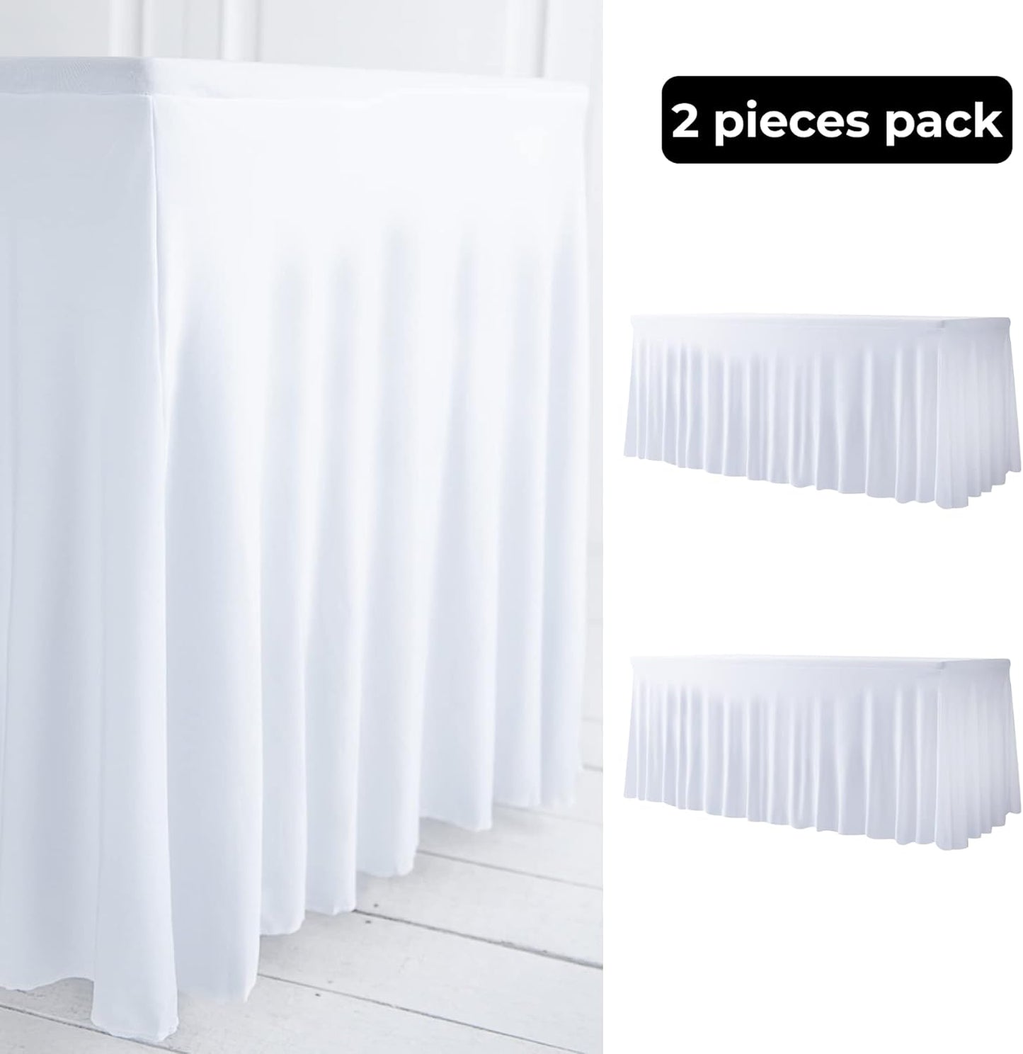 Your Magic Moment Spandex Table Skirts 2 PC Set White for Rectangle Tables 6ft 2 Fitted Table Covers for 6 Foot Tables Elastic Tablecloth for Birthday Party, Events, Banquette Baby Shower