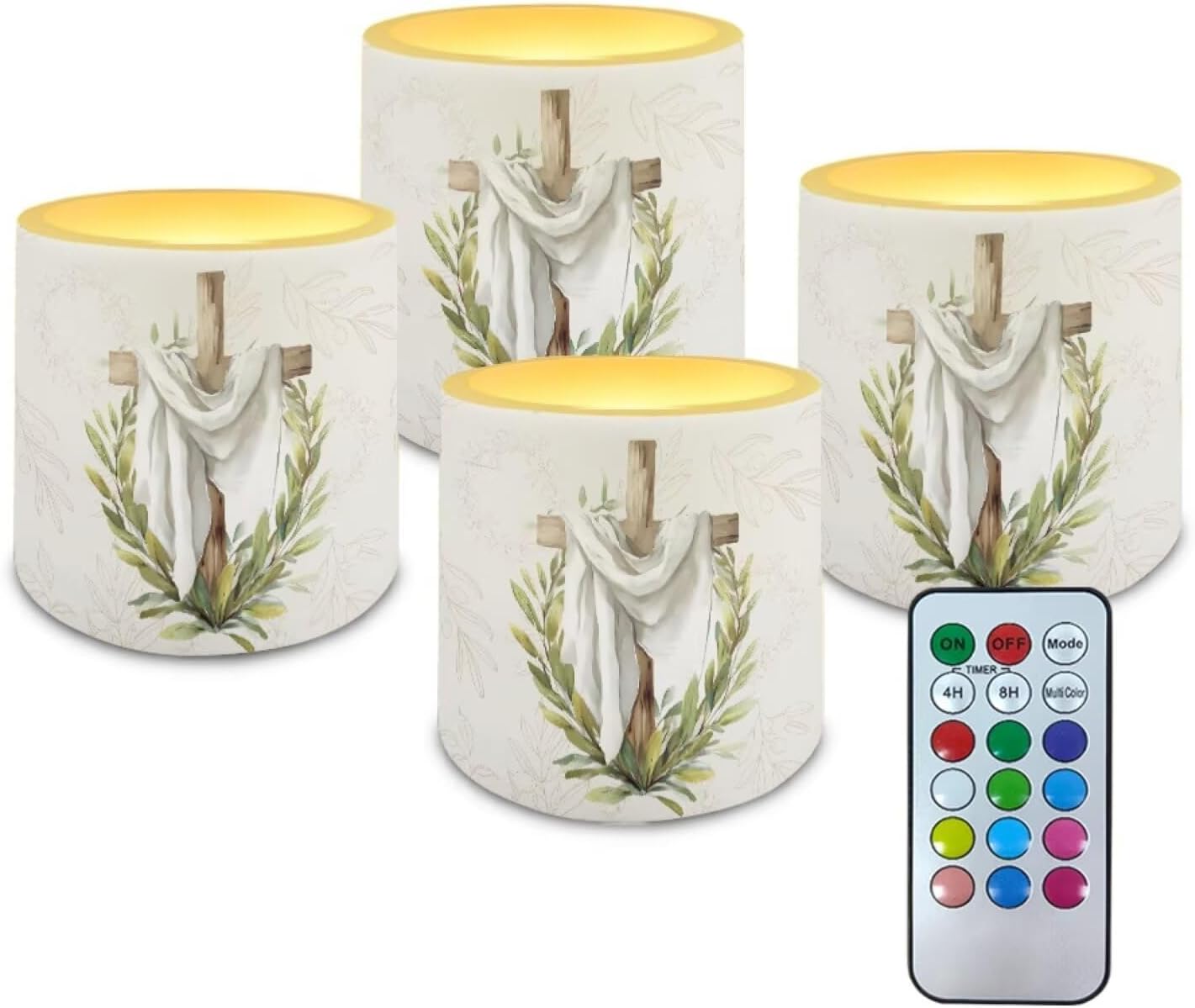 Poceacles 4 Pack Christmas Flameless LED Candles Remote Control Flickering LED Pillar Candles Multi-Color Options Tea Lights for Party Dinner Event Decor, Cross Leaf White