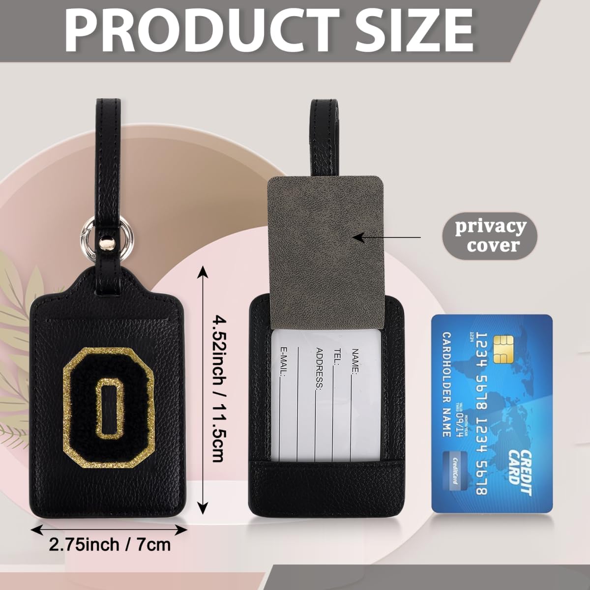 Personalized Initial Luggage Tags for Suitcases, Leather Chenille Letter Cute Luggage Tags with Privacy Name Card, Embroidered Travel Bag Backpack Tags Gifts for Women Kids Girls Teens(Black-O)
