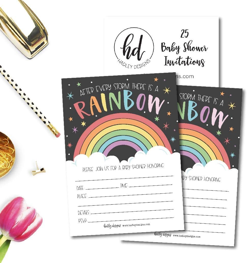 Hadley Designs 25 Rainbow Baby Shower Invitations for boy or girl, Gender Neutral Reveal Themed, Cute Printed Fill or Write In Blank Printable Card, After Every Storm Coed Twin Party Paper Supplies