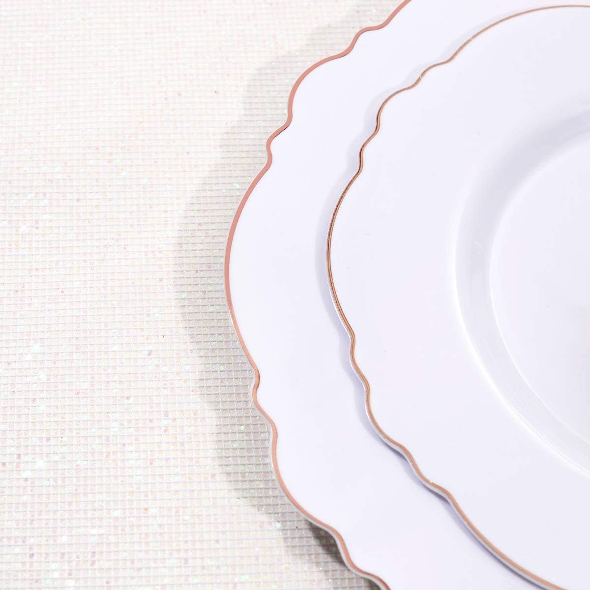 WDF 100pcs Rose Gold Plastic Plates-Baroque White &Rose Gold Disposable Plates including 50Plastic Dinner Plates 10.25inch,50Salad Plates 7.5inch for Wedding & Parties