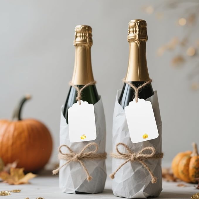 ASYEHJNR 100 Pcs Blank Gift Tags with String Gold Foil Pumpkin Large White Paper Gift Tags with 65 Ft Jute Twine Cute Tags for Halloween Autumn Fall Harvest Thanksgiving Gift Wrap Tags