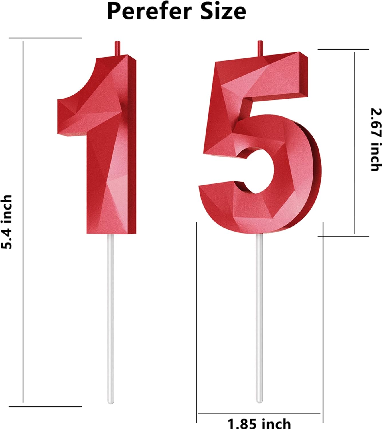 Number Birthday Candles(15 Candle Red) 3D Diamond Shape Number Happy Birthday Cake Candles for Birthday Party Wedding Decoration Reunions Theme Party