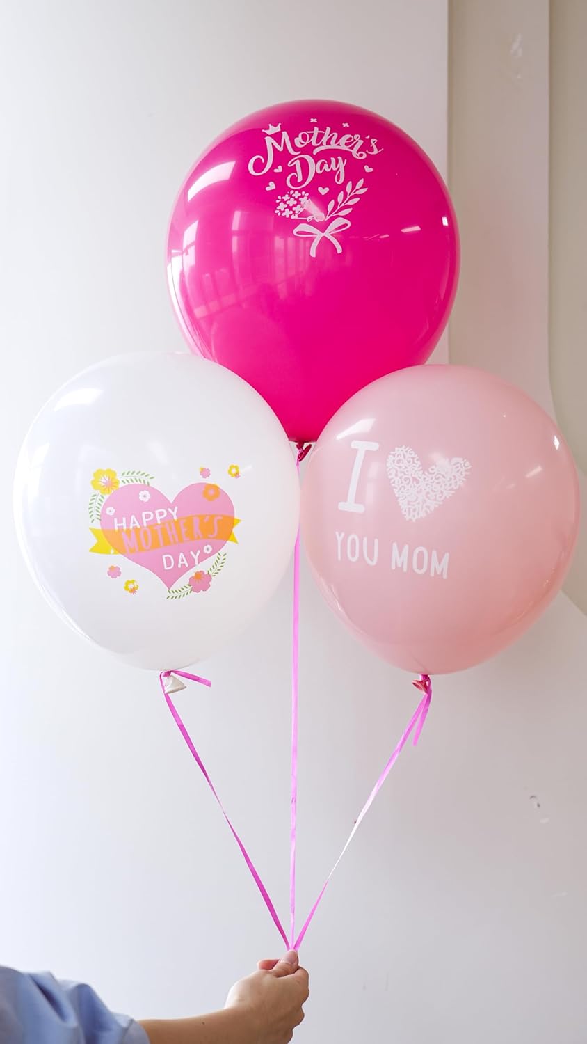 Paready Mother's Day Balloons Set, 60Pcs Pink White Mom Printed Balloon, 12 Inch Helium Light Hot Pink White Latex Balloons for Mother's Day Party Decoration Supplies