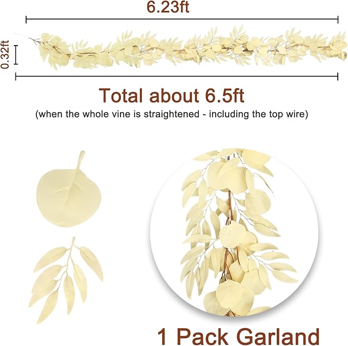 Greentime 1 Pack Artificial Eucalyptus Garland 6.5FT Champ Boho Fake Eucalyptus Vines with Willow for Wedding Arch DIY Wedding Table Centerpieces Baby Shower Farmhouse Wall Neutral Home Party Decor