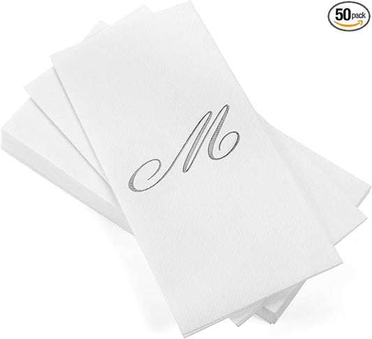 AMERICAN HOMESTEAD Disposable Hand Towels - Silver Foil Monogrammed Guest Napkins - Linen-Like Bathroom Paper Towels for Guests - Perfect Wedding and Party Napkins - 50 Count (Silver M)
