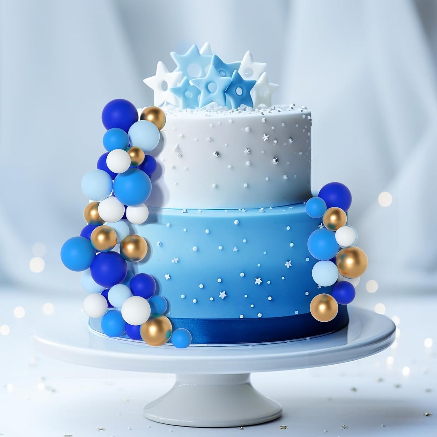 138 Pcs Balls Cake Topper Decorations Balloon Cupcake Toppers Foam Multisize Cake Topper Balls for Birthday Party Wedding Anniversary(Blue,White,Gold)