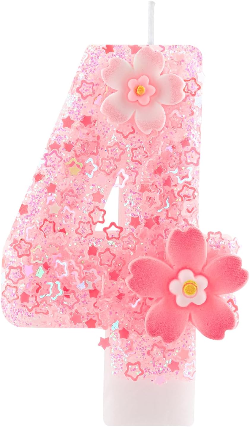 Cherry Blossom Pink Number 4 Birthday Candle, 2.8in Cute Shiny 4th Happy Birthday Candle with Tray & Stick Girls 4 Candle for 4 Birthday Ideal Birthday Parties Cake Decoration & Gifts