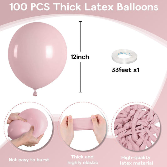 Boho Blush Pink Balloons - 12 Inch, 100 Pack Retro Vintage Latex Helium Balloons for Girl Baby Shower Anniversary Wedding Birthday Party Decor