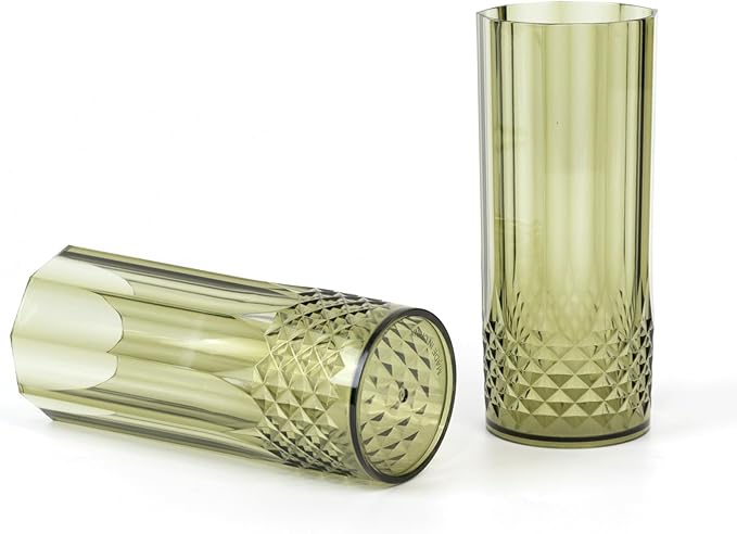 Efavormart 6-Pack Plastic Highball Glasses, 14oz Shatterproof Crystal Cut Drink Glasses for Kitchen Mojito Whiskey Cocktail, Dusty Sage Green