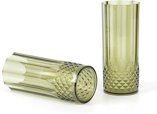 Efavormart 6-Pack Plastic Highball Glasses, 14oz Shatterproof Crystal Cut Drink Glasses for Kitchen Mojito Whiskey Cocktail, Dusty Sage Green