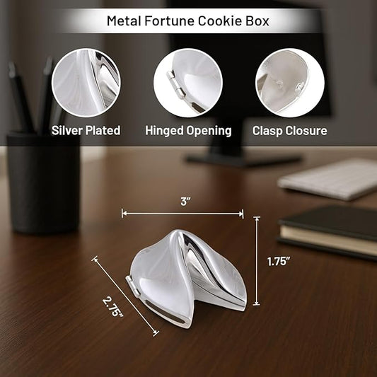 Bey-Berk Silver-Plated Fortune Cookie Keepsake, 3” Hinged Metal Paperweight, Trinket Holder with Gift Box