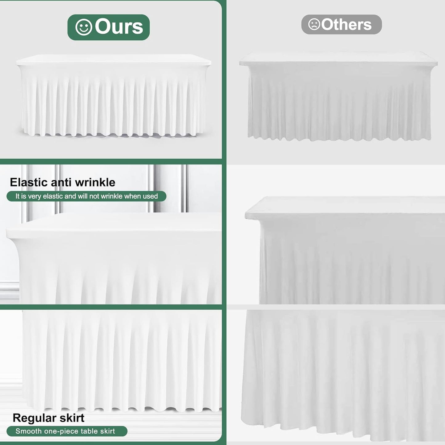 Table Skirts for Rectangle Tables 6ft - 2 Pack One-Piece White Tablecloths and Skirt, Wrinkle Resistant Ruffles Elastic Cover for Banquets, Weddings, Events, Parties