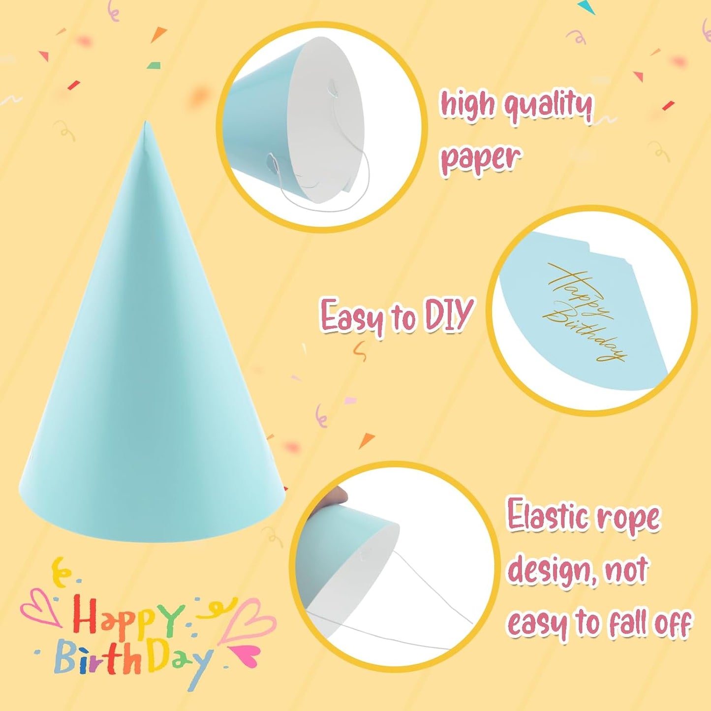24 PCS Party Cone Hats DIY Birthday Paper Cone Hats for Kids and Adults Birthday, Baby Shower, Bridal Shower