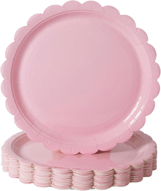 BEFORYOU 50PCS Scalloped Disposable Paper Plates Dessert Cake Party Plates for Baby Shower, Wedding,Bridal Shower Birthday Party Supplies (Pink, 7IN)