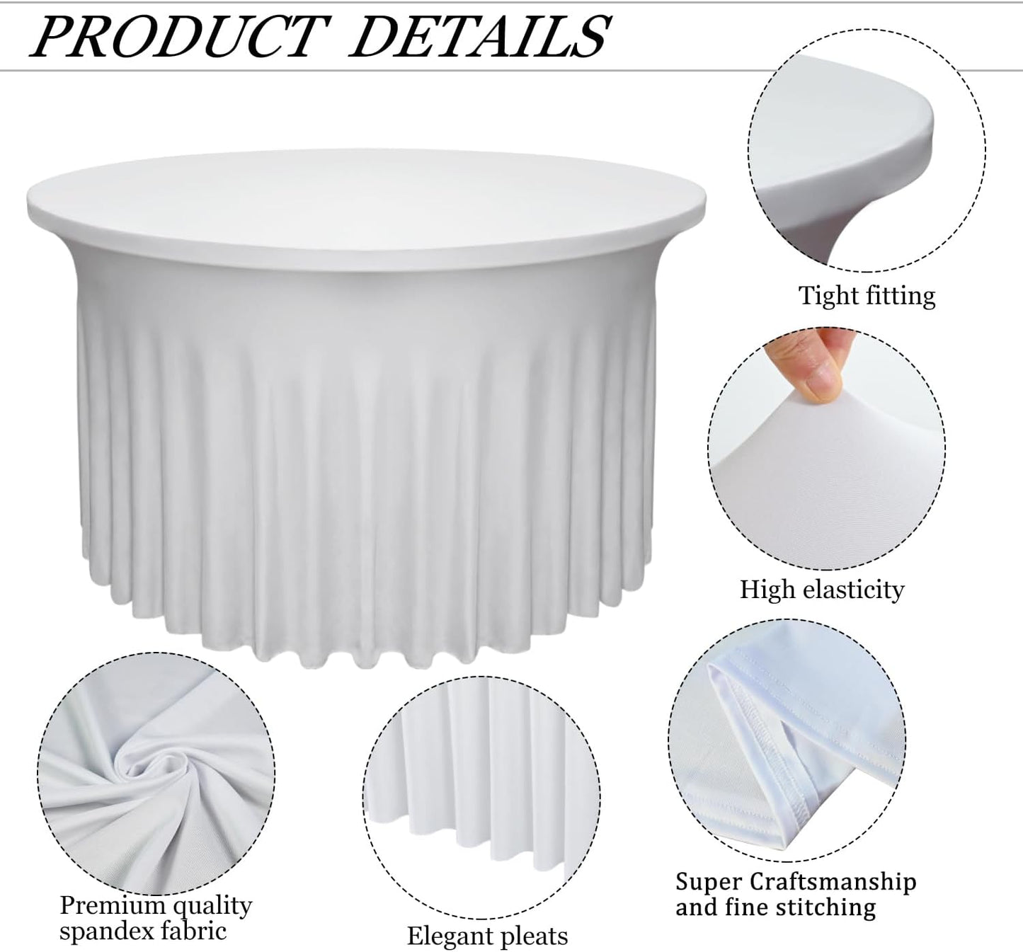 4 Pack - White Round Table Skirt (60" Diameter x 30" H) for 5ft Tables | Polyester Spandex Washable Cover | Wrinkle & Stain Resistant | Wedding, Party, Banquet Decor