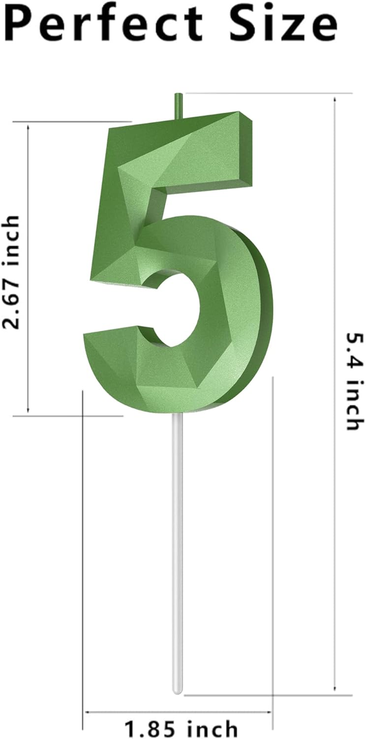 Number Birthday Candles(5 Candle Green) 3D Diamond Shape Number Happy Birthday Cake Candles for Birthday Party Wedding Decoration Reunions Theme Party