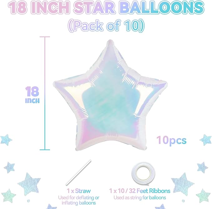 10PCS Iridescent Laser Star Foil Balloons, Transparent Laser Foil Stars Shape Balloons, 18 Inch Colorful Stars Balloon Aluminum for Helium for Birthday, Baby Shower, Wedding Party Decoration