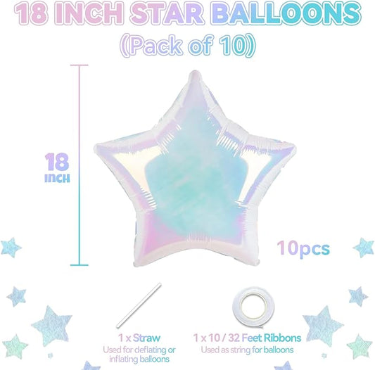 10PCS Iridescent Laser Star Foil Balloons, Transparent Laser Foil Stars Shape Balloons, 18 Inch Colorful Stars Balloon Aluminum for Helium for Birthday, Baby Shower, Wedding Party Decoration