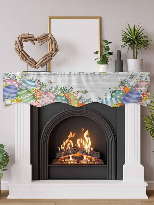 Easter Eggs Fireplace Mantel Scarf Table Runner, Spring Flowers Eucalyptus Leaves Wooden Grain Winter Garland Mantel Top Tablerunners Dresser Scarves Cover for Windows Party Living Room 70''x17''