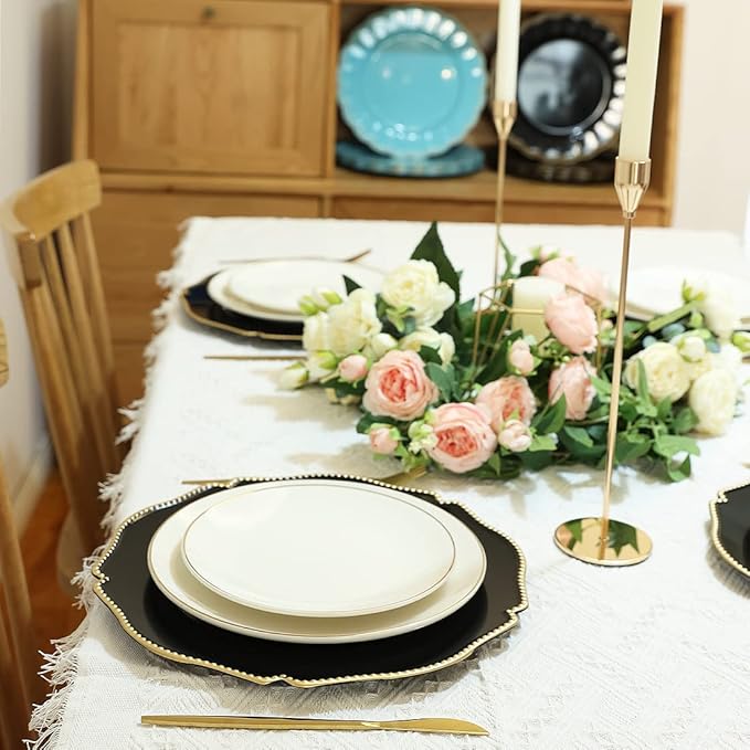 Black scalloped charger plates with Gold beaded rim,13 inch plastic dinner chargers for wedding and party table settings, Glossy Finish (set of 6)