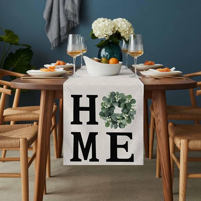 Home Green Eucalyptus Leaves Garland Table Runner 90 Inches Long Cotton Linen Dresser Scarves for Kitchen Daily Use Family Dinners Party Gathering Home Decor Retro Linen Table Runners