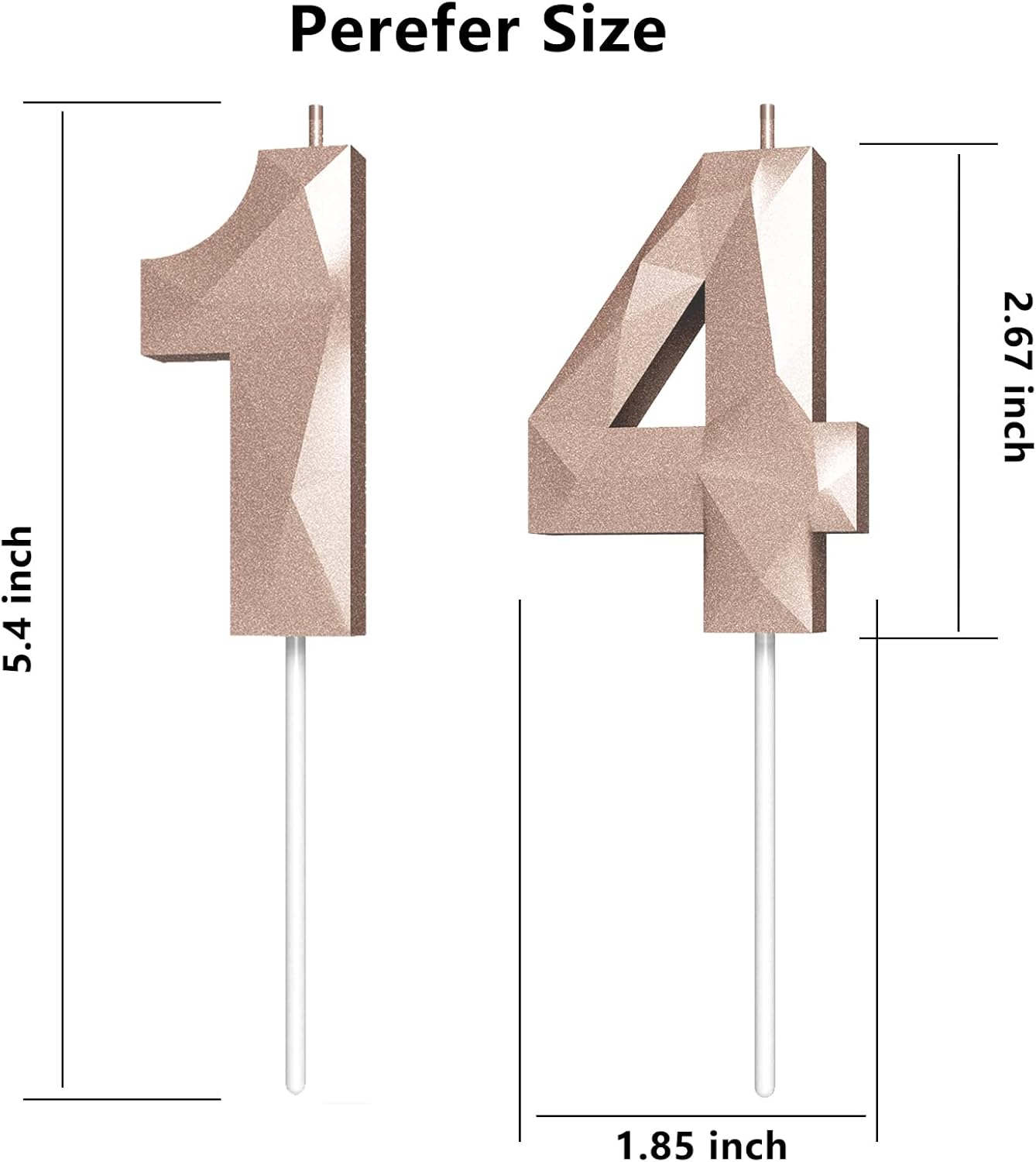 Number Birthday Candles(14 Candle Rose Gold) 3D Diamond Shape Number Happy Birthday Cake Candles for Birthday Party Wedding Decoration Reunions Theme Party